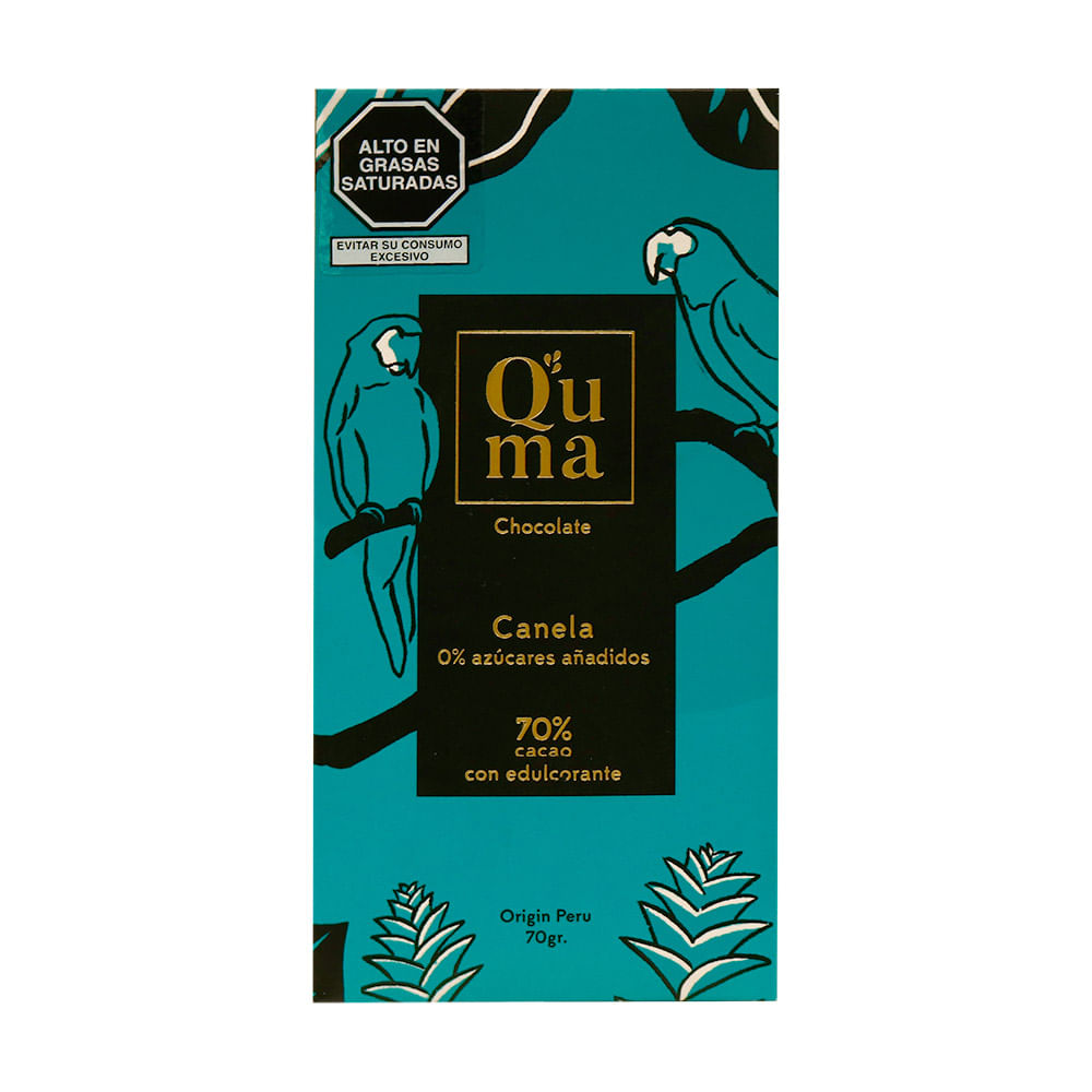Chocolate Orgánico Q'uma 70% Cacao Canela Sin Azúcar 70g