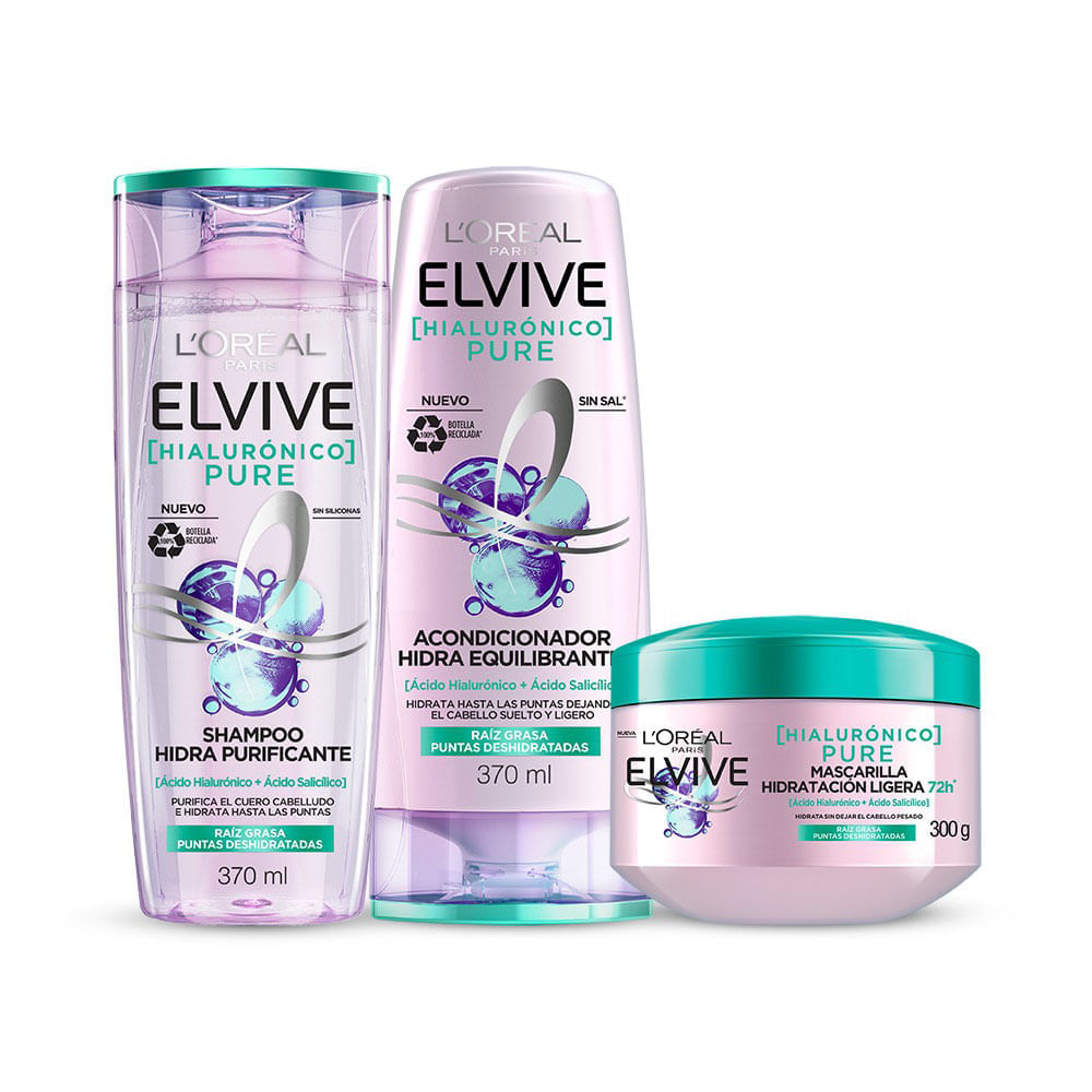 Pack ELVIVE Shampoo Ácido Hialurónico Pure Frasco 370ml + Acondicionador Ácido  Hialurónico Pure Frasco 370ml