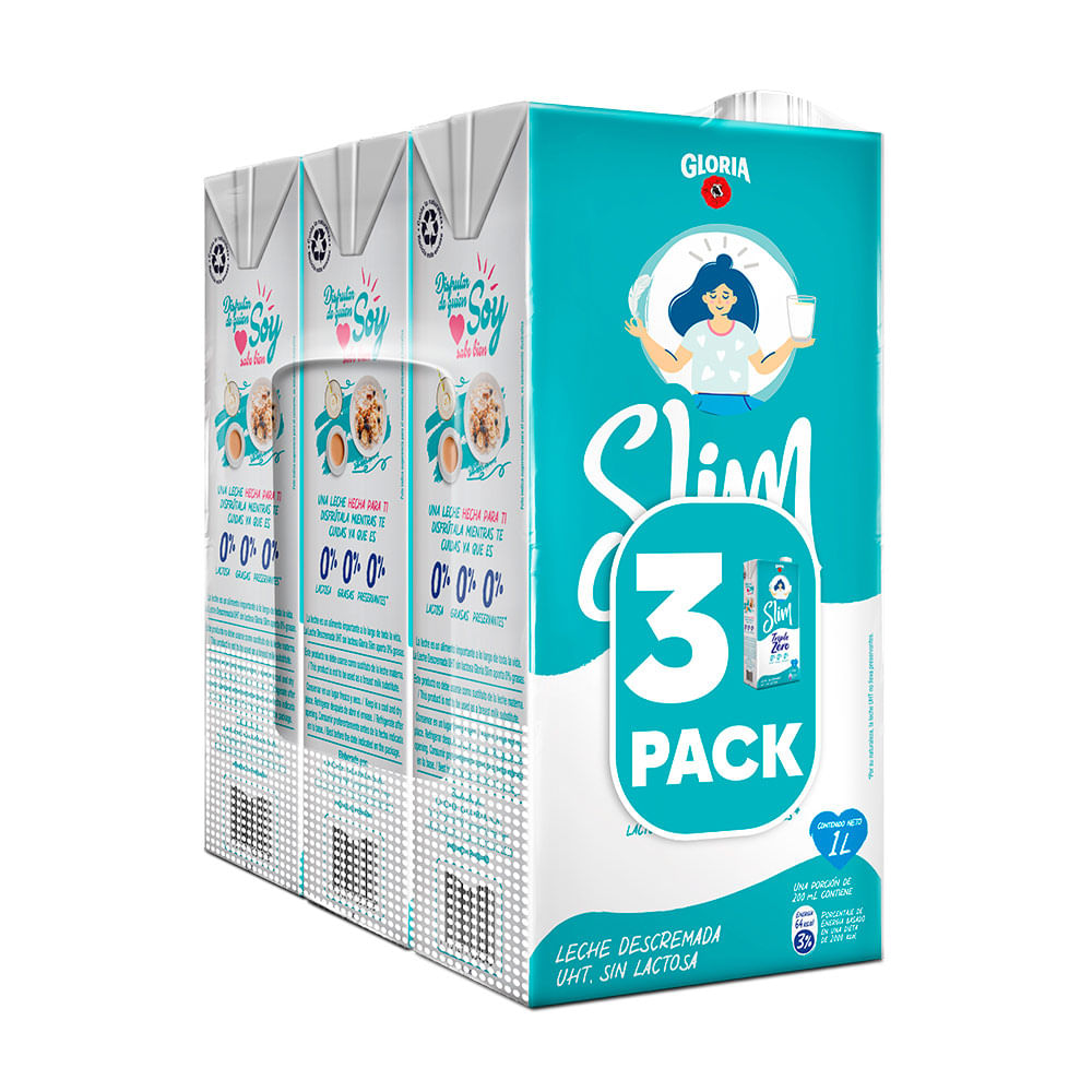 Tripack Leche Descremada UHT Gloria Slim Triple Zero Caja 1L