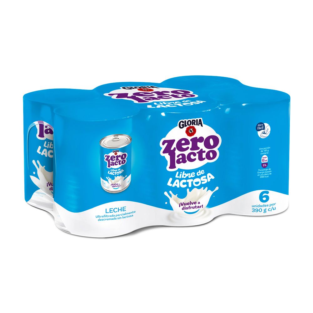 Sixpack Leche Ultrafiltrada Sin Lactosa Gloria Zero Lacto Lata 390g