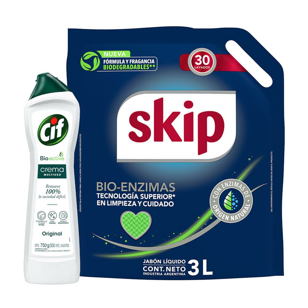Detergente Líquido Skip 3L + Crema Multiuso Cif Bioactive 750g