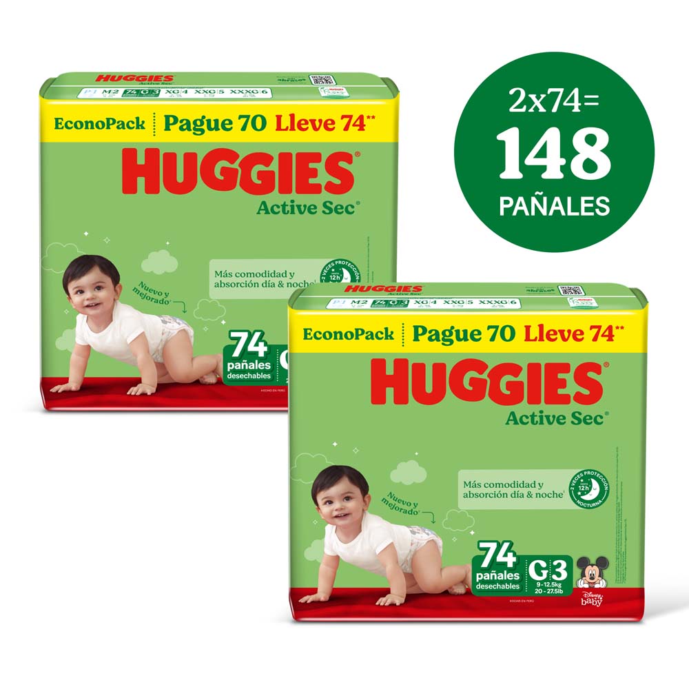 Twopack Pañales para Bebé Huggies Active Sec Talla G 74un