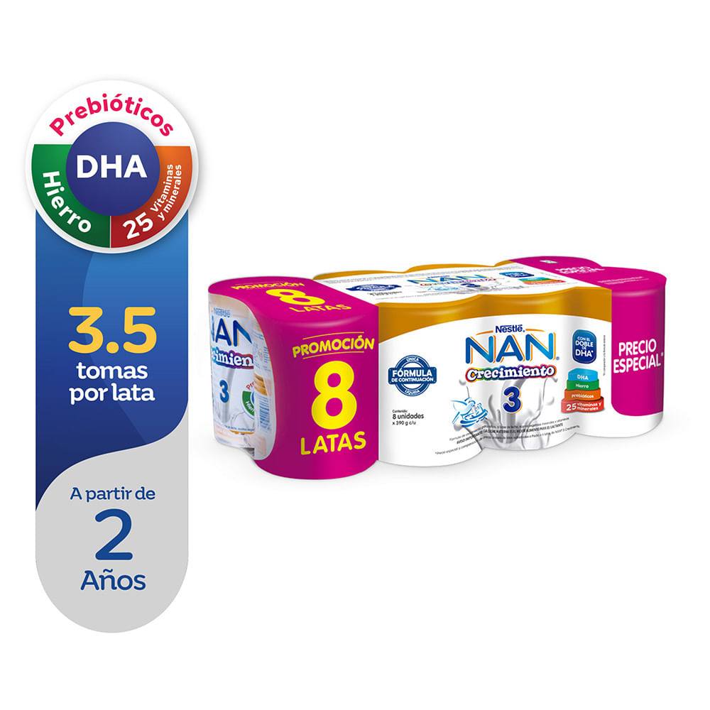 Pack x8 Fórmula de Continuación NAN 3 Bebés 390g