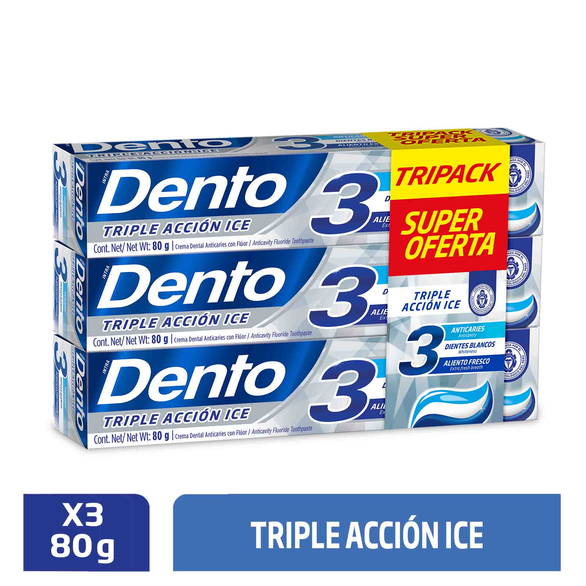 Tripack Pasta de Dientes Dento Triple Acción Ice 80g