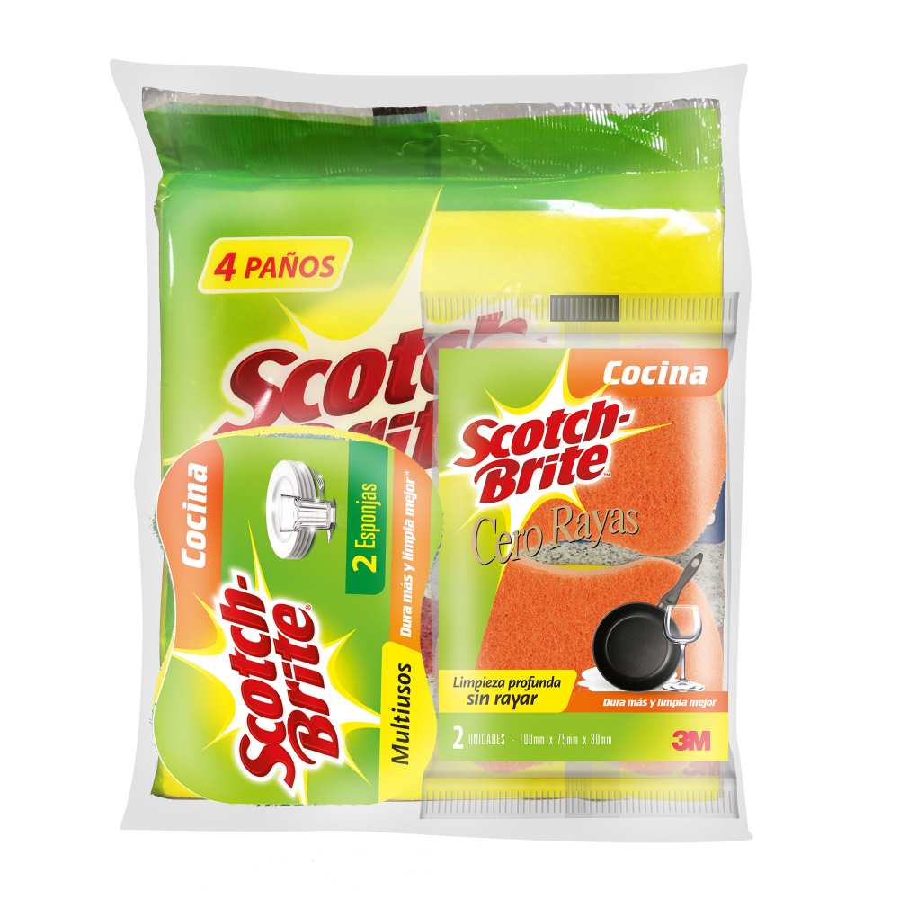 Pack Scotch Brite: Esponja Cocina + Esponja Cero Rayas + Paño Secatodo