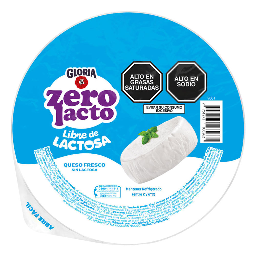 Queso Fresco Sin Lactosa Gloria Zero Lacto x kg (250g aprox)