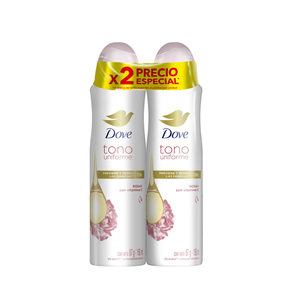 Twopack Desodorante en Aerosol Dove Tono Uniforme Rosas 150ml
