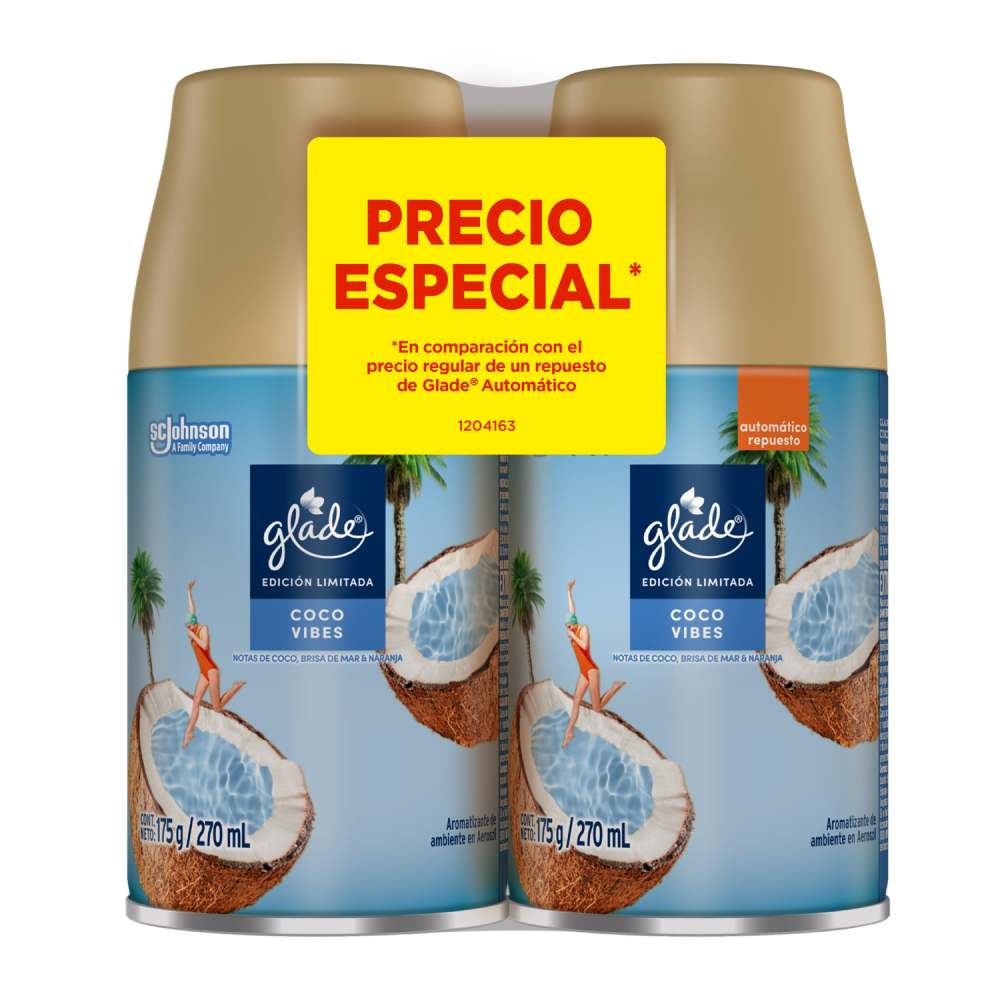 Twopack Repuesto Ambientador en Aerosol Glade Coco Vibes 270ml