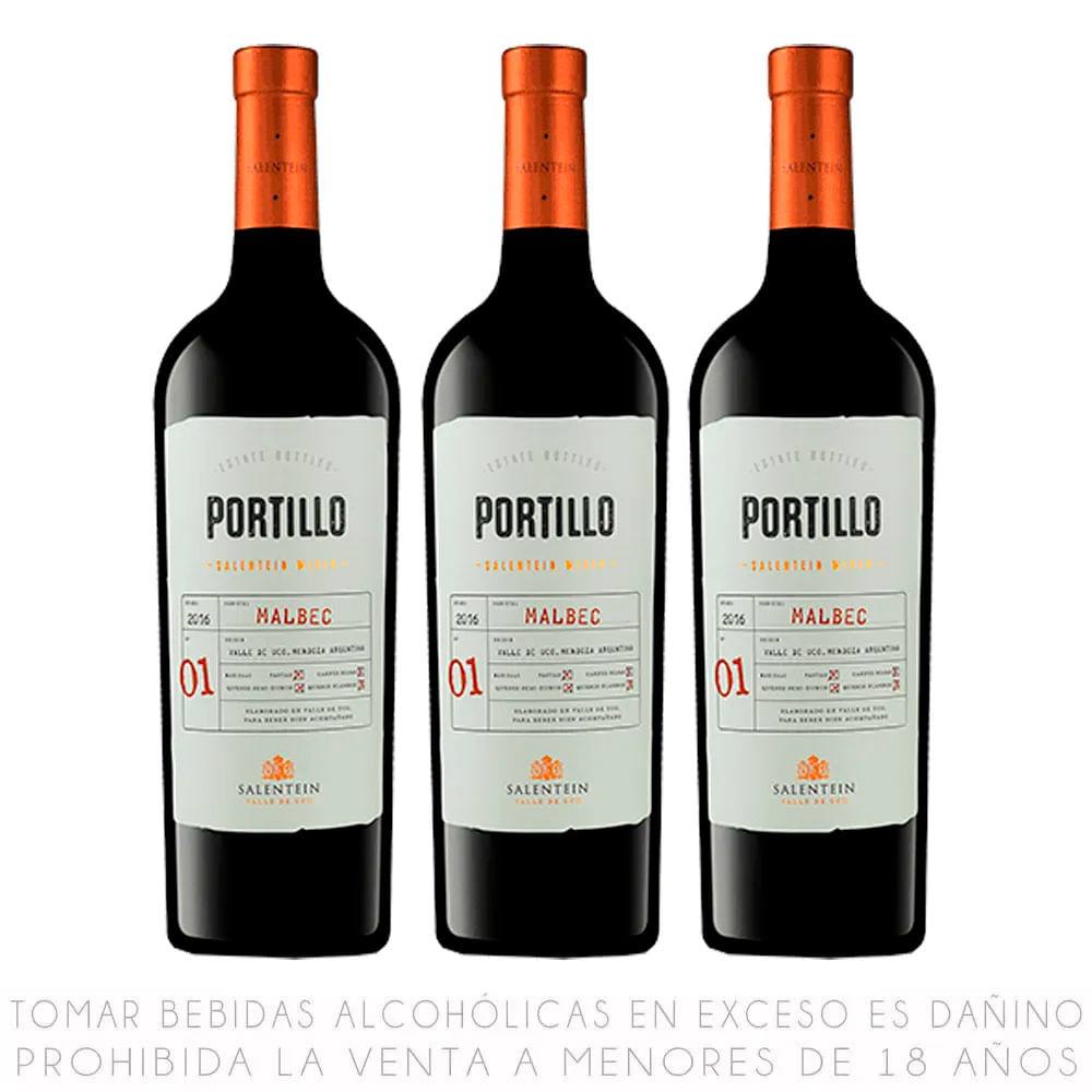 Tripack Vino Tinto Malbec Portillo Botella 750ml