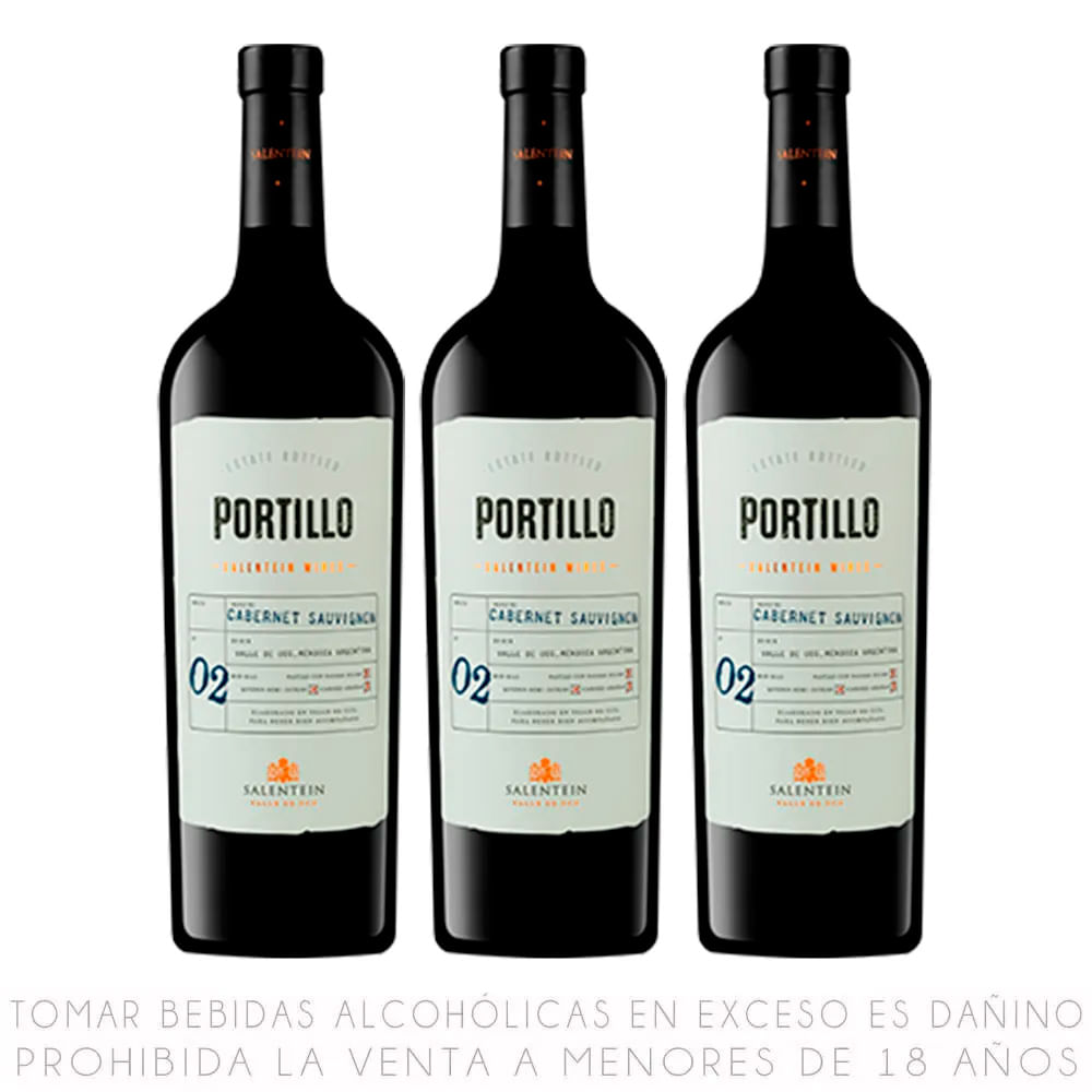 Tripack Vino Tinto Cabernet Sauvignon Portillo Botella 750ml