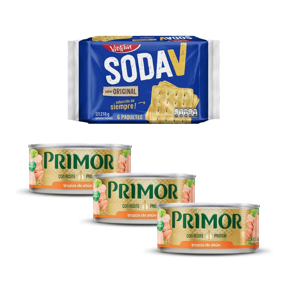 Tripack Trozos de Atún en Aceite Primor 140g + Sixpack Galletas Soda V Original 35g