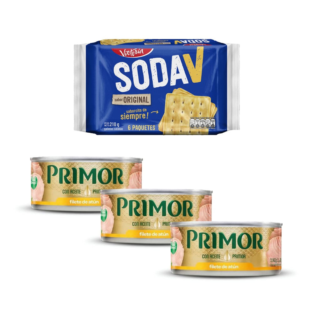 Tripack Filete de Atún Primor 140g + Sixpack Galletas Soda V Original 35g
