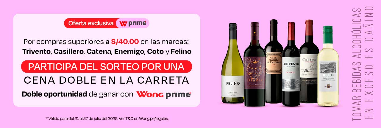 Por compras superiores de S/40.00 en las marcas: Trivento, Casillero, Catena, Enemigo, Coto y Felino, participa por una cena doble en el restaurante la Carreta. Doble oportunidad cliente prime