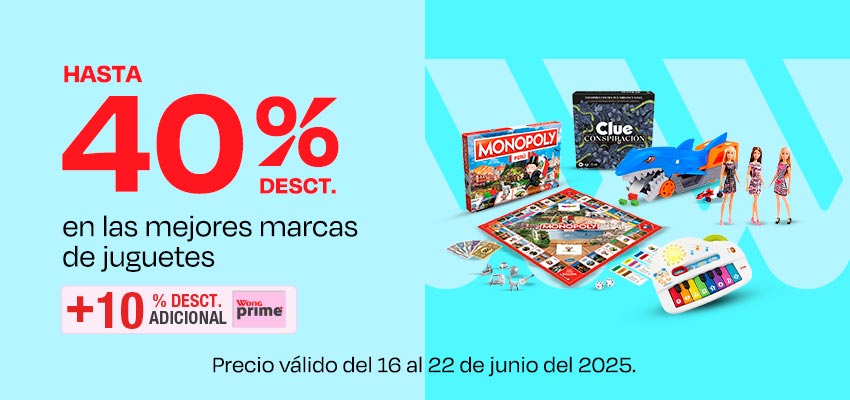 Hasta 40% de desct. en las mejores marcas de Juguetes + Hasta 10% de desct. adicional con Wong Prime