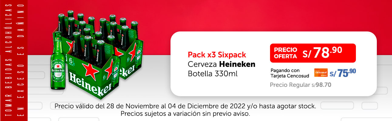 Pack x3 Sixpack Cerveza Heineken Botella 330ml