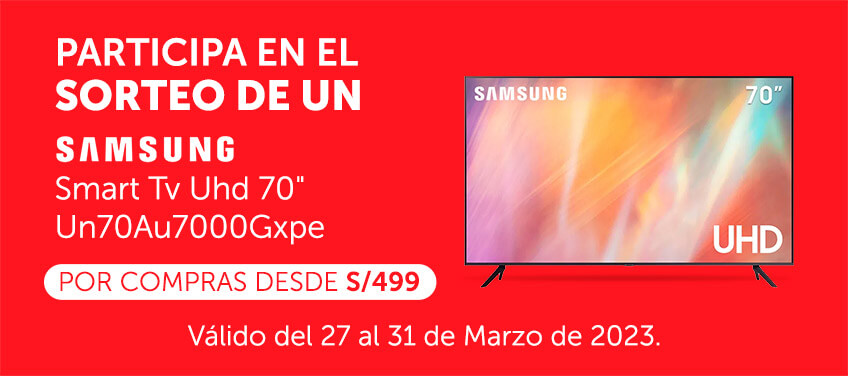 Participa en el sorteo de un Samsung Smart Tv Uhd 70 Un70Au7000Gxpe por compras desde S/499