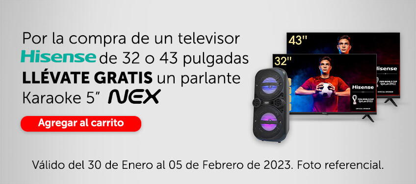 Por la compra de un televisor Hisense (logo de marca) GRATIS PARLANTE NEX (logo de marca)