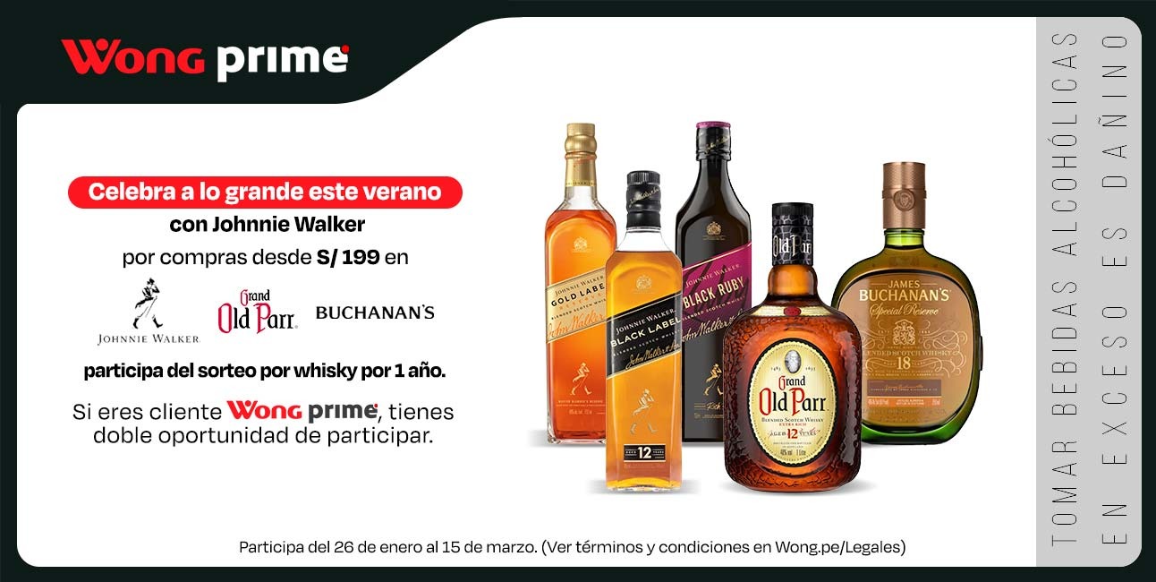"¡Celebra a lo grande este verano con Johnnie Walker!  por compras desde S/199.00 en Johnnie Walker, Buchanans y Old Parr, participa del sorteo por whisky por 1 año.   Si eres cliente Prime, tienes doble oportunidad de participar.   Participa del 26 de enero al 15 de marzo.  (Ver términos y condiciones en Wong.pe/Legales)"
