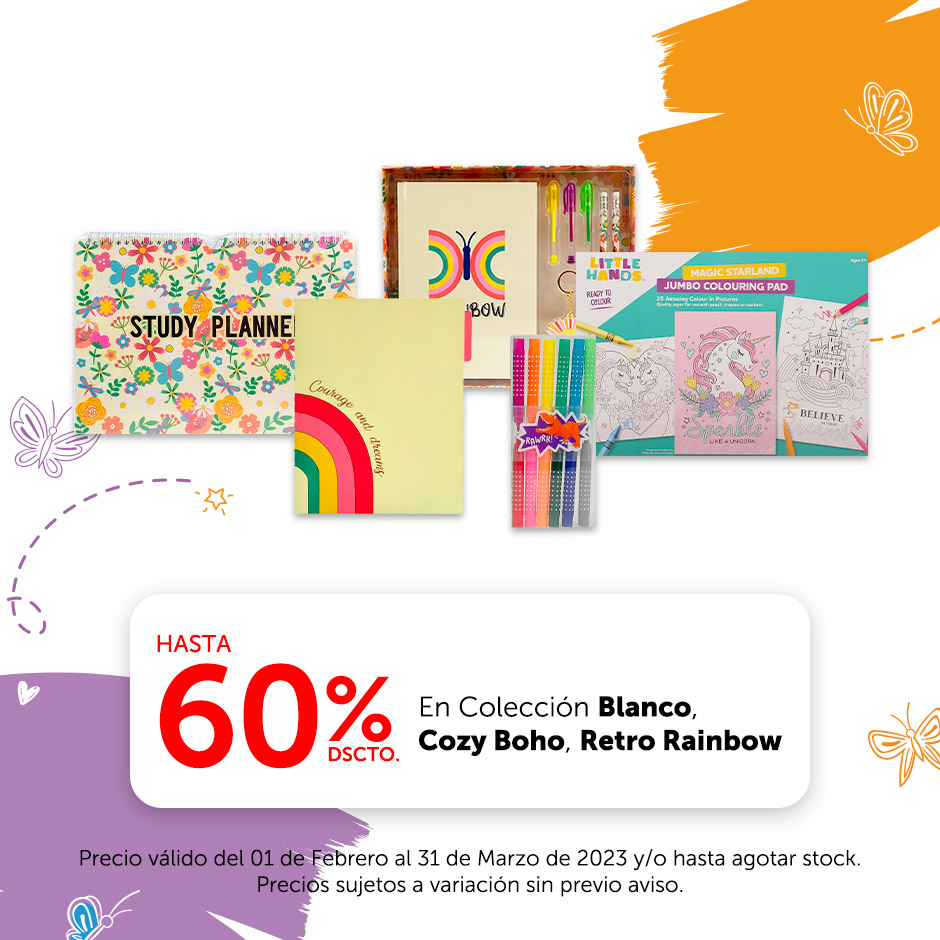 Hasta 60% de dscto en Colección Blanco, Cozy Boho, Retro Rainbow