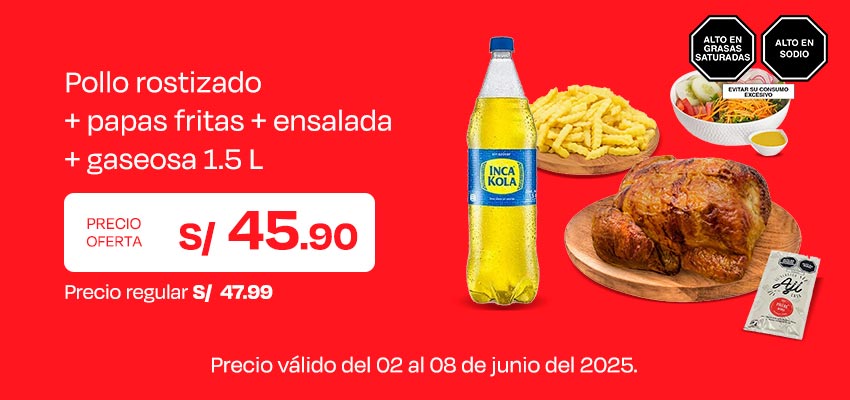 Pollo Rostizado + Papas Fritas + Ensalada + Gaseosa 1.5L