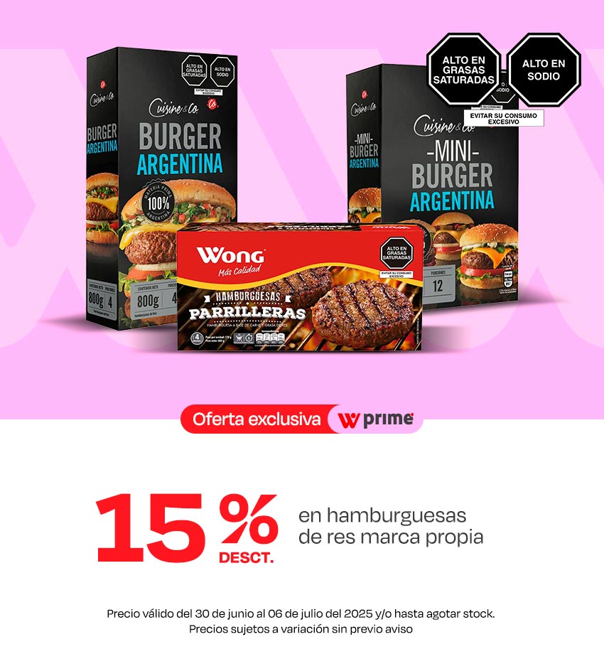 15% de desct. En hamburguesas de res marca propia.
