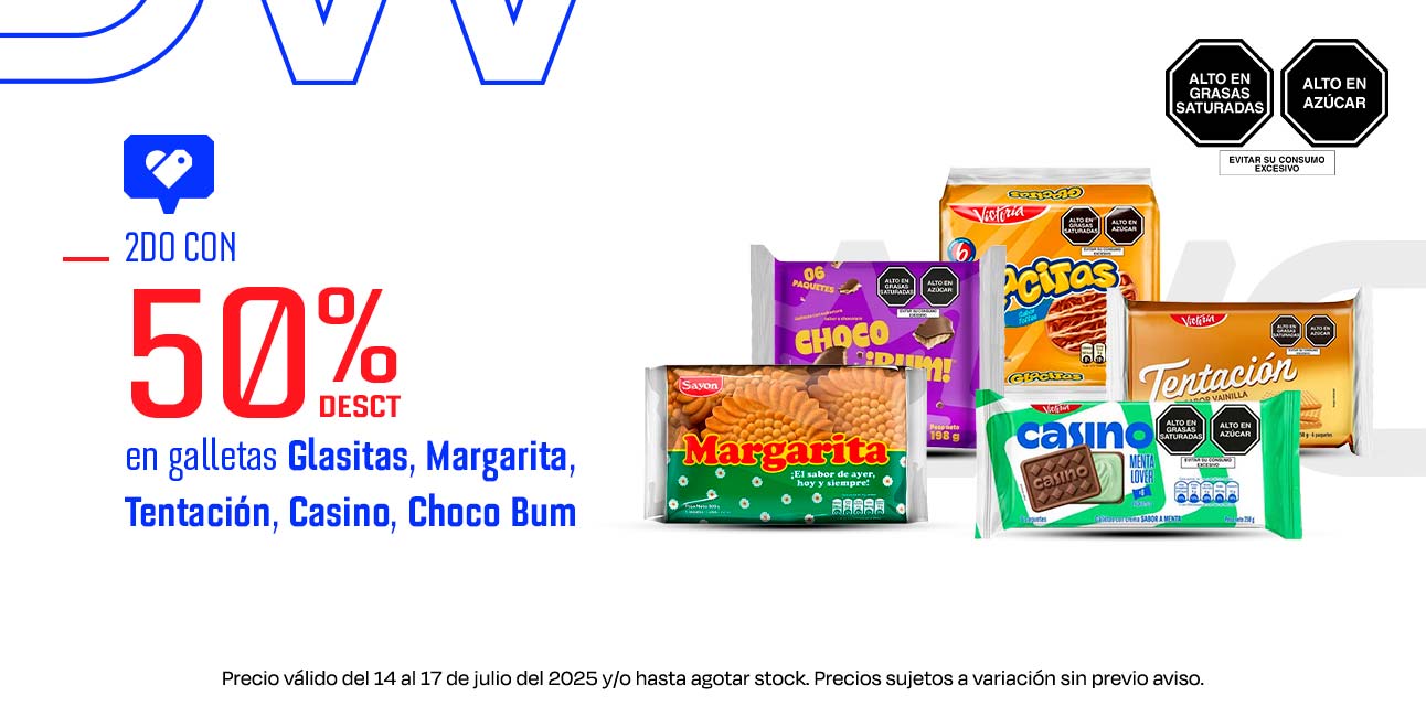  2do con 50% desct. en galletas Glasitas, Margarita, Tentacion, Casino, Choco Bum.