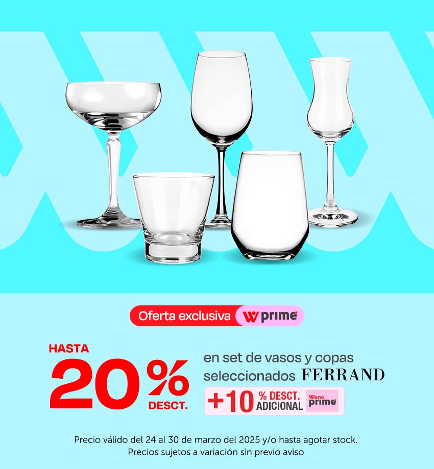  20% de Desct. En Set de Vasos y Copas Seleccionados + 10% de Desct. Adicional con Wong Prime