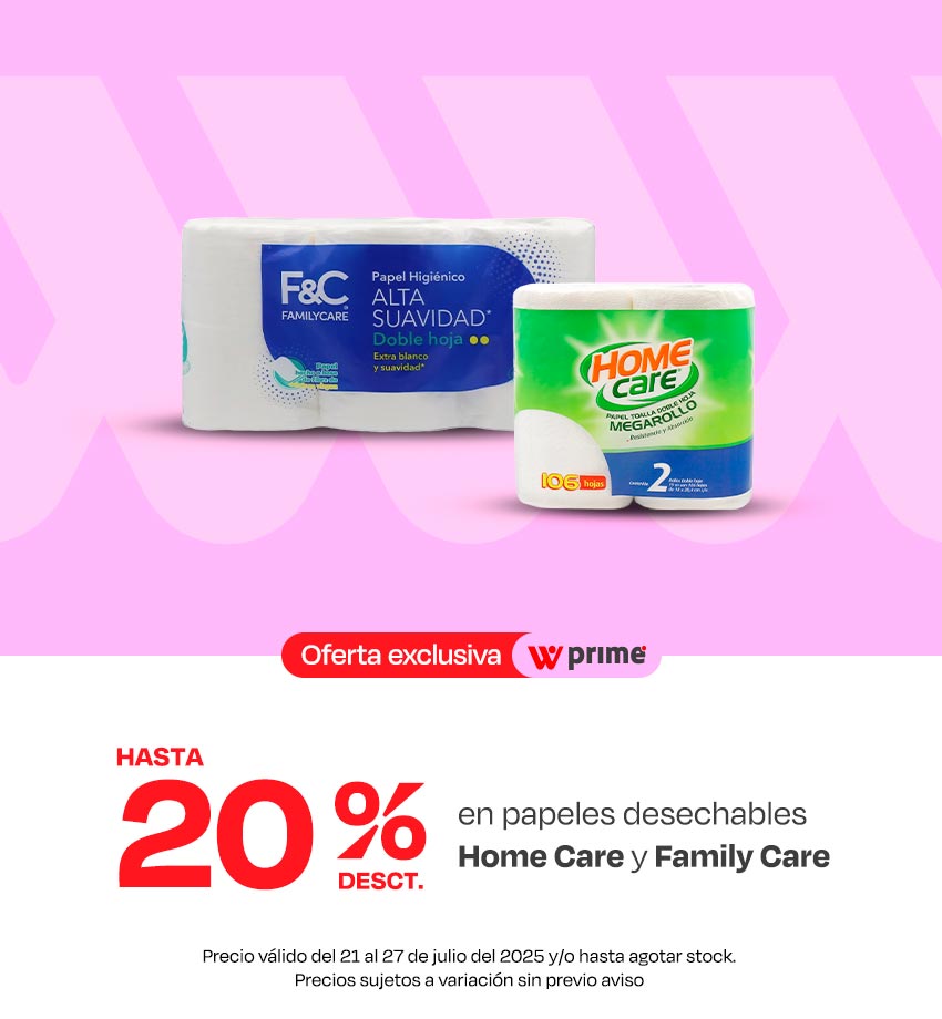 Hasta 20% desct en papeles desechables Home Care y Family Care