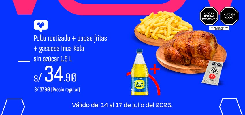 Pollo Rostizado + Papas Fritas + Gaseosa Inca Kola Sin Azúcar 1.5L