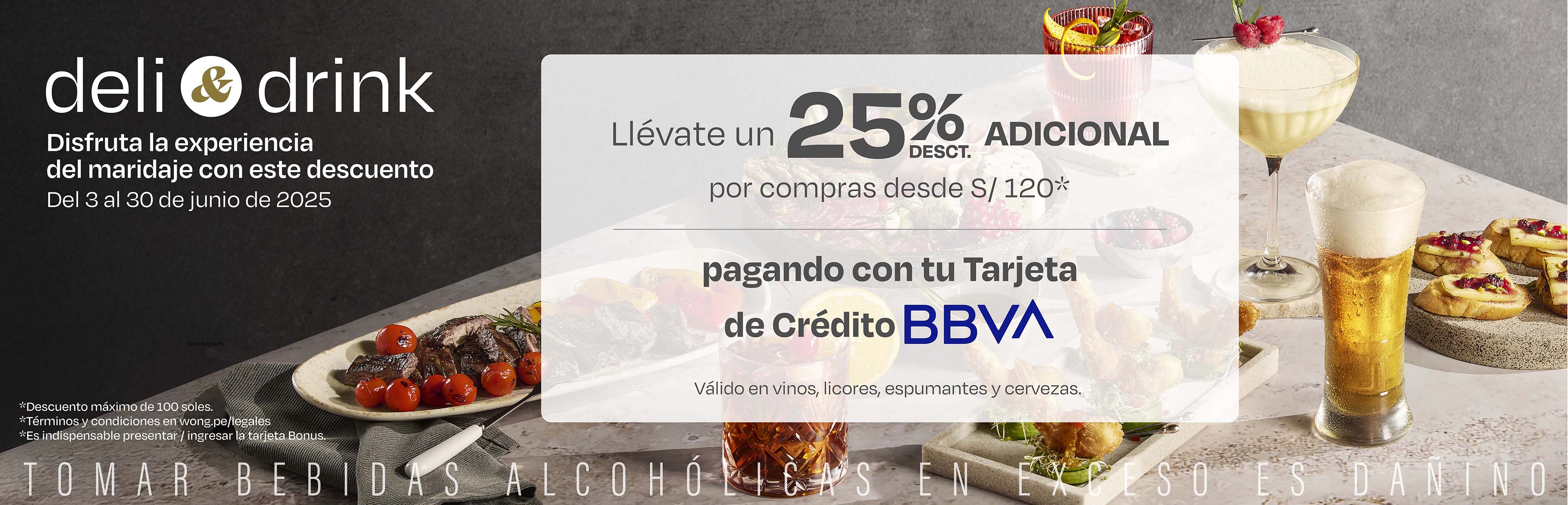 25% desct. adicional por compras desde s/120 pagando con tarjetas BBVA. Válido en vinos, licores, espumantes y cervezas