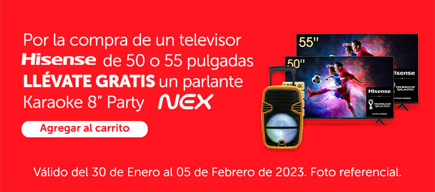 Por la compra de un televisor hisense de 50 o 55 pulgadas llevate gratis un parlante karaoke 8 party nex
