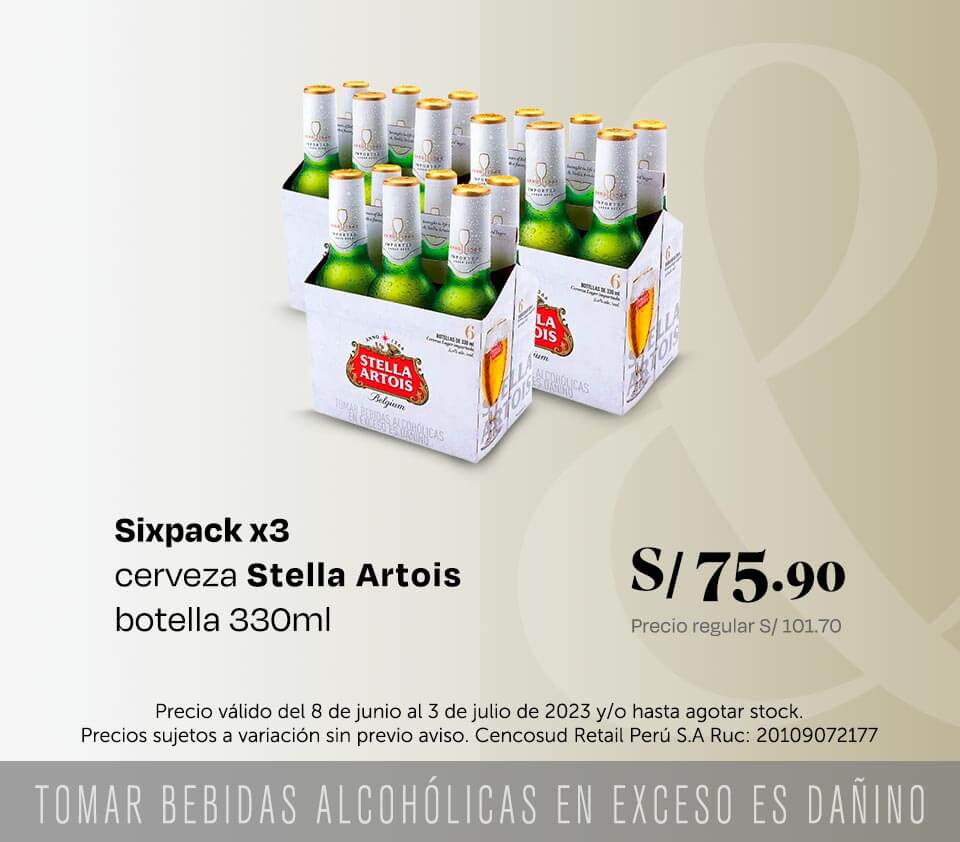 Sixpack x3 cerveza Stella Artois botella 330ml