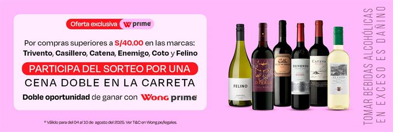 Por compras superiores de S/40.00 en las marcas: Trivento, Casillero, Catena, Enemigo, Coto y Felino, participa por una cena doble en el restaurante la Carreta. Doble oportunidad cliente prime