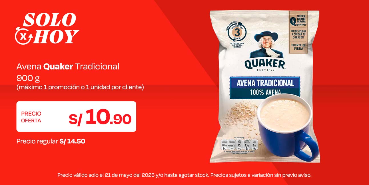 Avena Quaker Tradicional 900g (Máximo 1 promoción o 1 unidad por cliente)