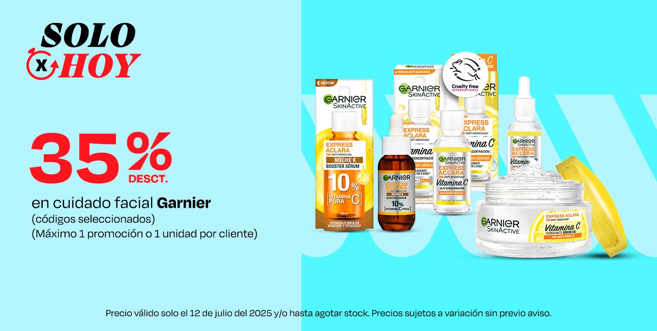 35% desct en Cuidado facial Garnier (Codigos seleccionados) (Máximo 1 promoción o 1 unidad por cliente) 